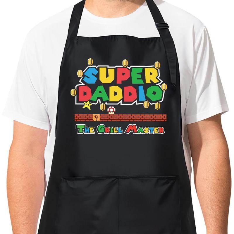 Funny Super Daddio Grilling Apron, Christmas Kitchen Gifts From Daughter Son Wife, Black Apron With Pockets For Grilling Kitchen BBQ, Christmas Cooking Gifts For Dad, Grilling Dad Gift