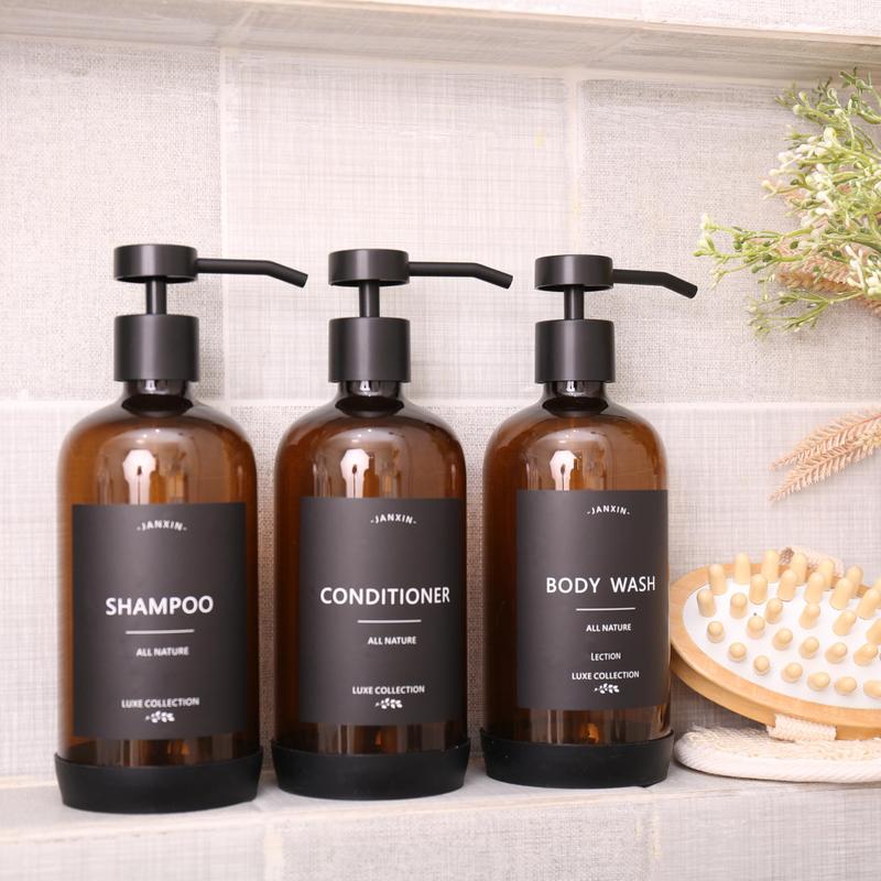 Shampoo and Conditioner Dispenser Set of 3,Refillable 21oz Shampoo Bottles with Non-Slip Protective Silicone Pad,Shower Soap Dispenser with Waterproof Labels for Bathroom (Amber) Gift Plastic Pump Glass Kitchen Hand