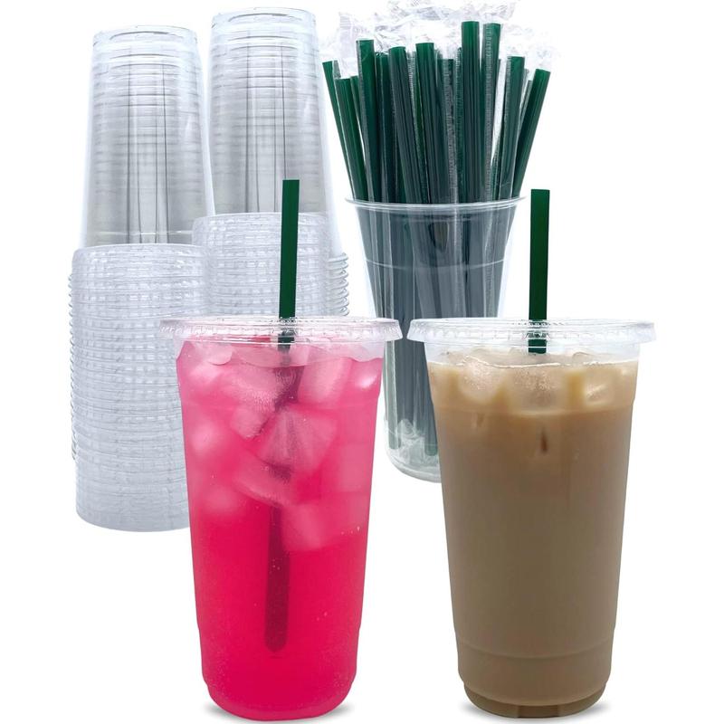 [100 Sets] 32 oz Clear Plastic Cups with Lids and STRAWS, Disposable Party Cups for To Go Iced Coffee Cold Drinks, Smoothie, Juice, Parfait, Frappuccino, Milkshake. No Leaking Fruit Cup