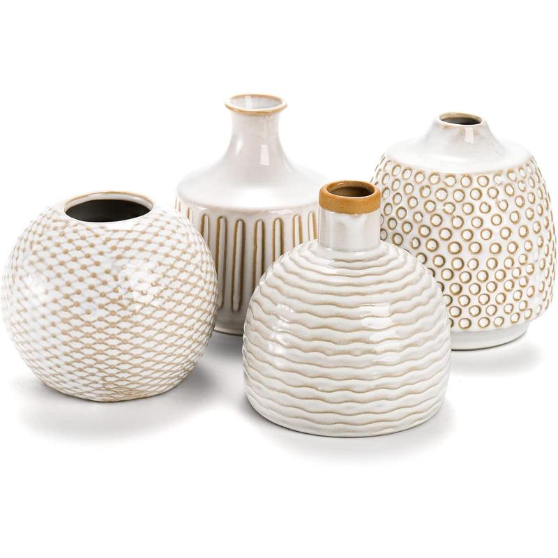 Set of 4 Terracotta Vases, Dip Glaze Ceramic Vase, Small Flower Vases Set, Decorative Vase for Pampas Grass & Dried Flowers, Modern Rustic Farmhouse, Idea Bookshelf Decor, Dining Table Decor