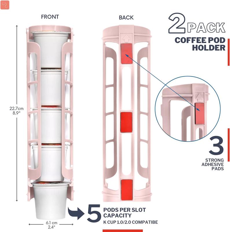 Coffee Pod Holder for  K-cup, Side Mount K Cup Storage,  for Small Counters (2 Rows For 10 K Cups, PINK)