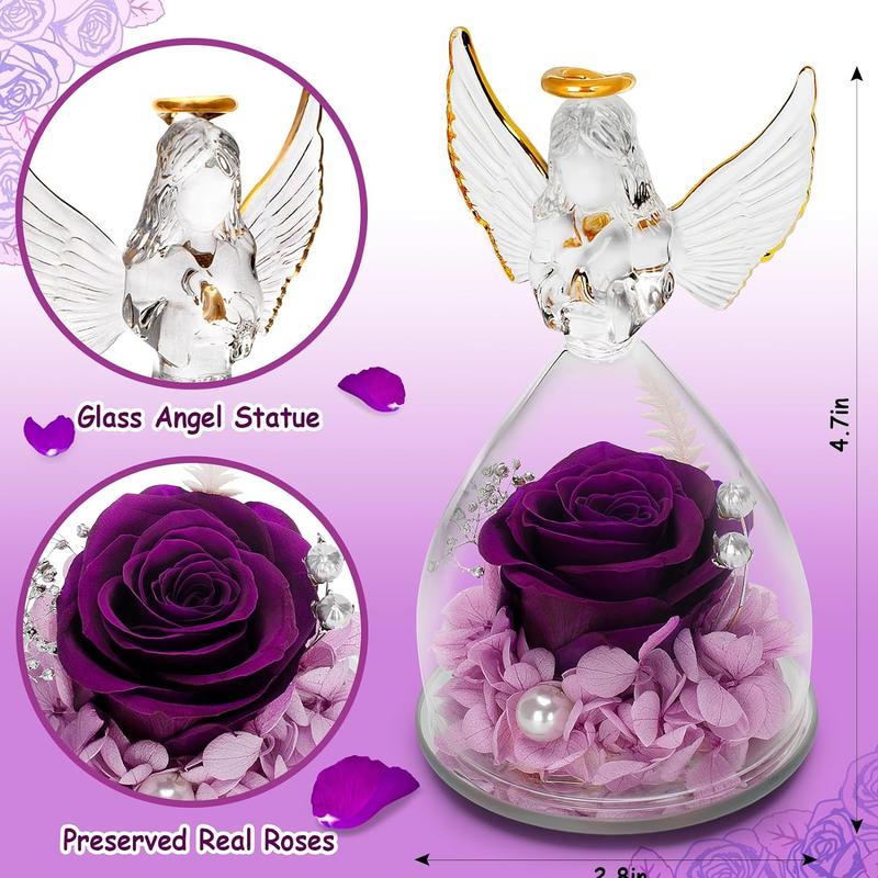 Preserved Flowers Gift for Mom, Grandma, Angel Figurine with Rose & Light, Ideal Birthday, Mother's Day, Valentine's Day, Christmas, Thanksgiving Day Gift for Her, Women, Wife