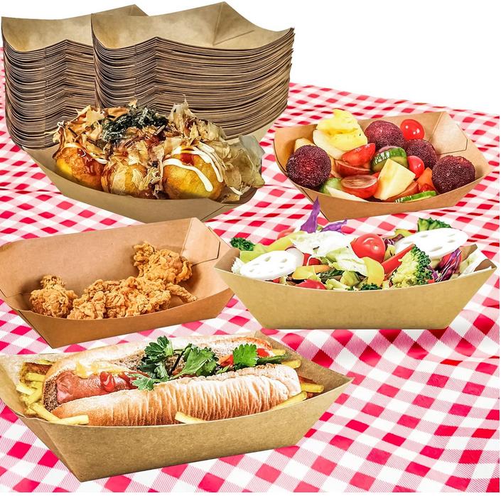 100 Pack 2lb Kraft Paper Food Trays, Heavy-Duty Paper Food Boat Disposable Serving Basket Tray for French Fries Nachos Snack Hot Dog Taco BBQ Popcorn Party Picnic Wedding Party (Brown) stackable cookware