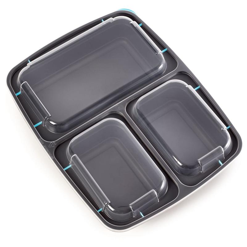 33oz Food Prep Containers [Set of 8] 3 Compartments with Lids, Food Storage Containers, Bento Boxes Lightweight, Durable, Reusable BPA Free 3 Grid Container Disposable Lunch Box - Microwave, Freezer, Dishwasher Safe - Black