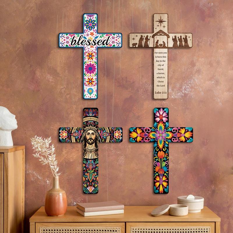 Christmas Wooden Cross Wall Decor, Blessed Letter Pattern Wall Art Decor, Wall Mounted Cross for Home Church Farmhouse, Home Decor