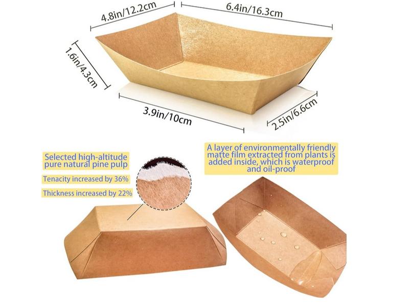 100 Pack 2lb Kraft Paper Food Trays, Heavy-Duty Paper Food Boat Disposable Serving Basket Tray for French Fries Nachos Snack Hot Dog Taco BBQ Popcorn Party Picnic Wedding Party (Brown) stackable cookware