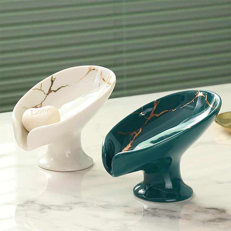 1pc Unique Leaf-Shaped Ceramic Soap Dish - Self-Draining, Multifunctional Soap Holder with Sponge Storage - Bathroom Accessories for Organized Space