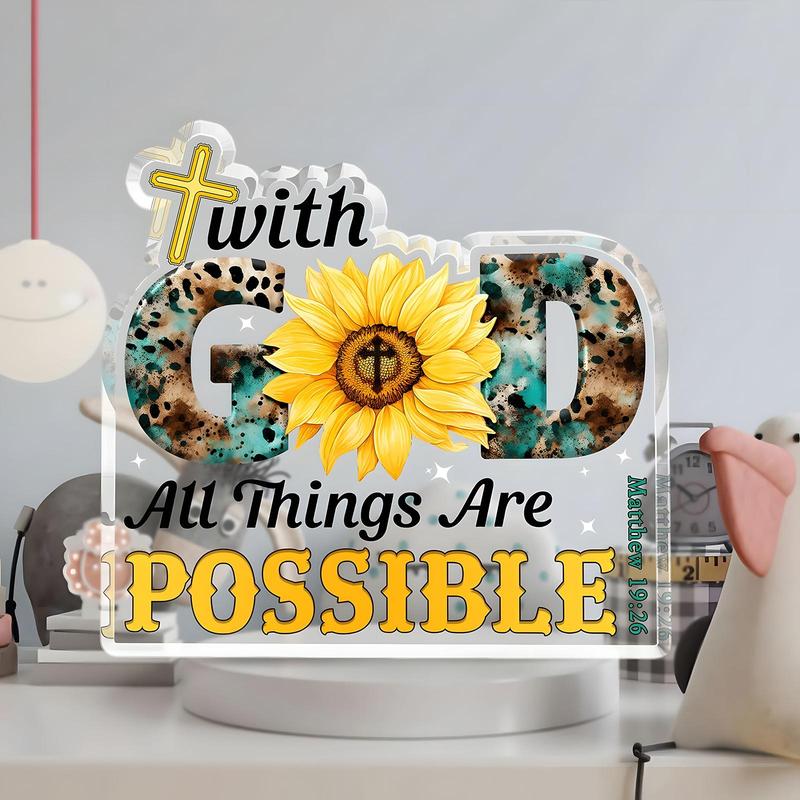 Cross & Sunflower Pattern Acrylic Ornament, Bible Verse Pattern Decorations, Prayer Room Decoration, Desk Decorations, Home Decor, Religious Gift