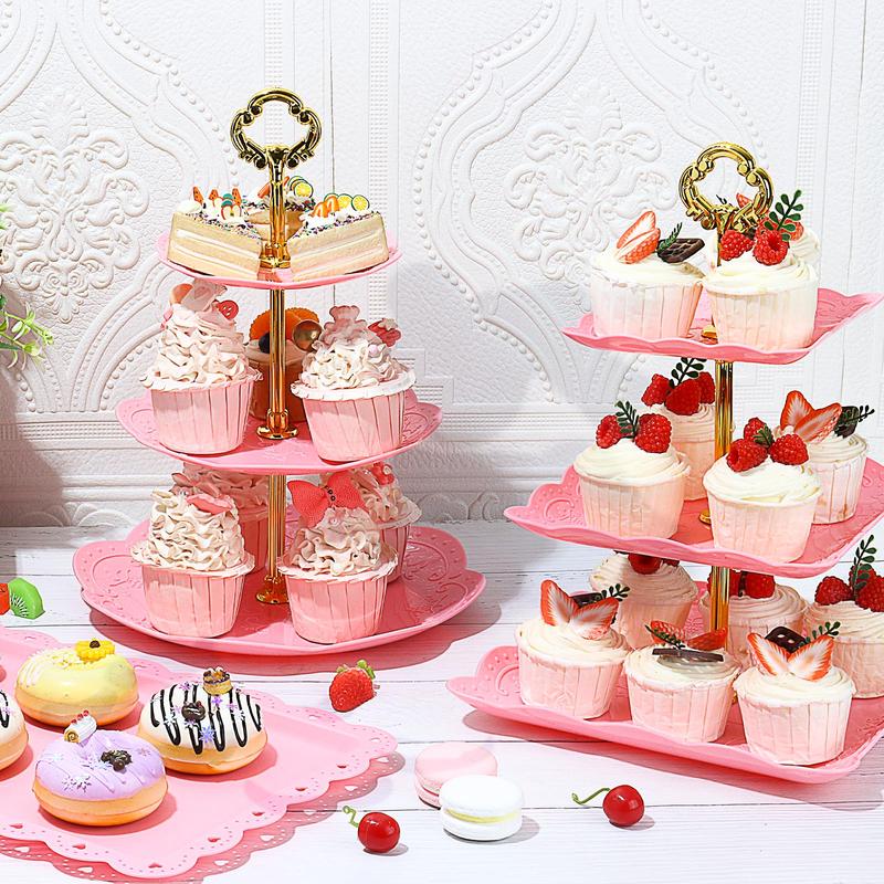 10 Pcs Dessert Table Display Set Cupcake Stand Pink Plastic Dessert Table Set 4 3 Tire Cake Display Stands with Gold Rod Cookie Tray Rack Serving Tower and 6 Trays for Wedding Baby Shower Tea Party Fruit