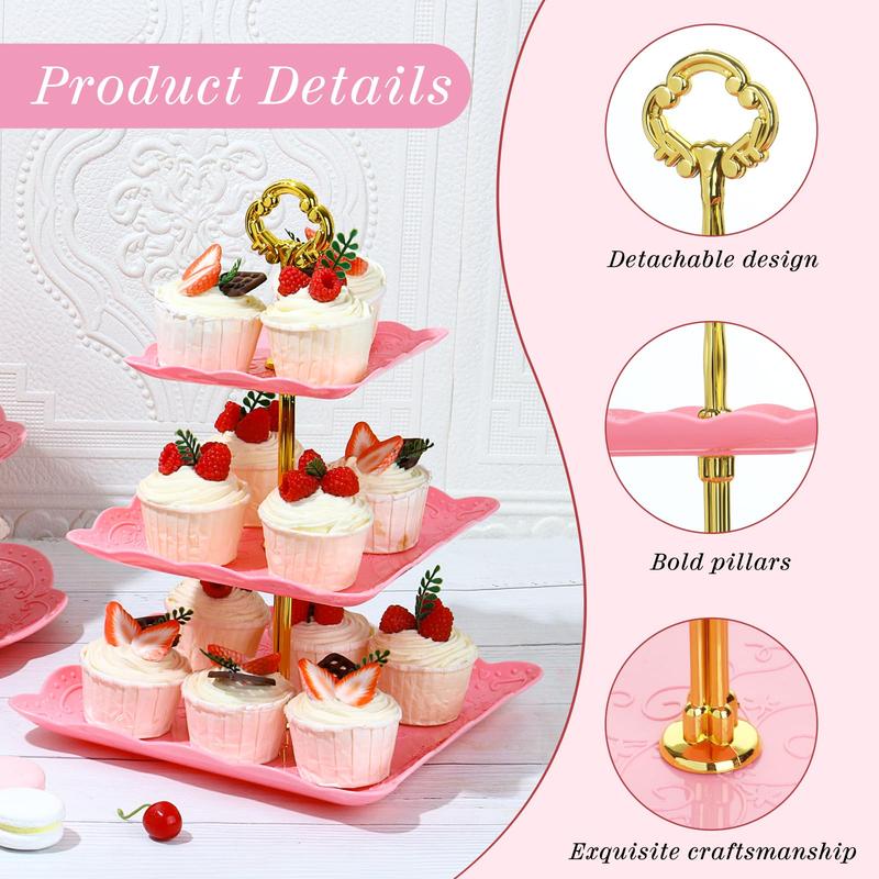 10 Pcs Dessert Table Display Set Cupcake Stand Pink Plastic Dessert Table Set 4 3 Tire Cake Display Stands with Gold Rod Cookie Tray Rack Serving Tower and 6 Trays for Wedding Baby Shower Tea Party Fruit