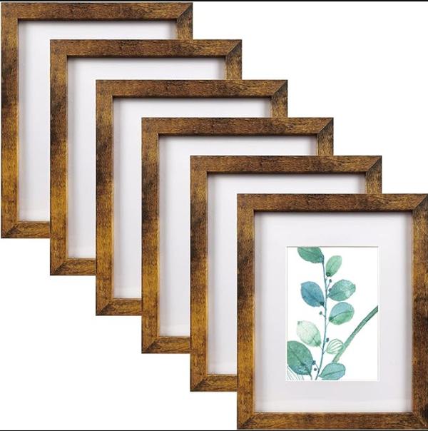 8x10 Picture Frame Brown Set of 6, Display Pictures 5x7 With mat or 8x10 Without Mat