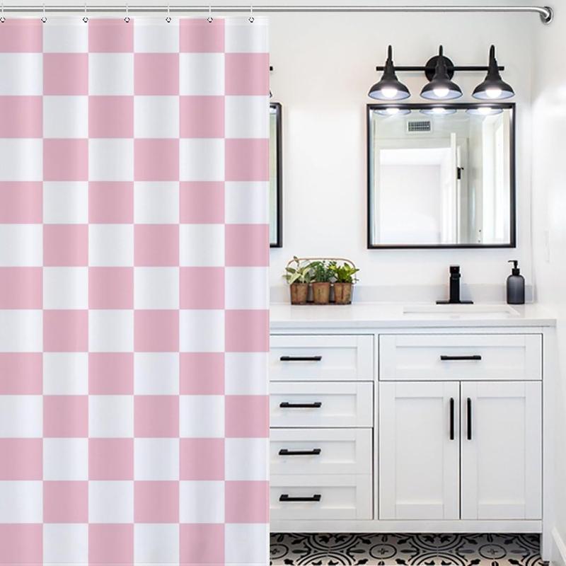 Checkered Shower Curtain, Pink Shower Curtains for Bathroom, Cute Retro Checkerboard Shower Curtain Vintage Aesthetic, Machine Washable Fabric Shower Curtain, 72''x72''