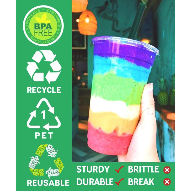 [100 Sets] 32 oz Clear Plastic Cups with Lids and STRAWS, Disposable Party Cups for To Go Iced Coffee Cold Drinks, Smoothie, Juice, Parfait, Frappuccino, Milkshake. No Leaking Fruit Cup