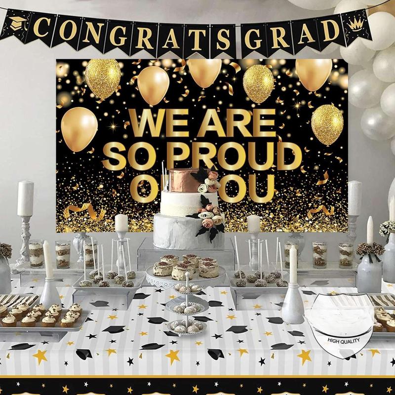 Large Congrats Grad Banner, 72x44 Inch We Are So Proud Of You Banner Congratulations Graduation Backdrop 2024, Black and Gold Graduation Decorations 2024 Graduation Party Decorations Black and Gold