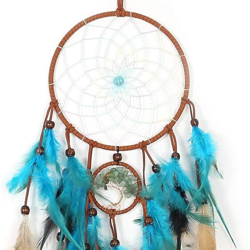 Dream Catchers with Tree of Life and Teal Feather Indian Handmade Dreamcatchers for Boho Wall Hanging Decoration, Ornament Festival Gift (Green Tree of Life)