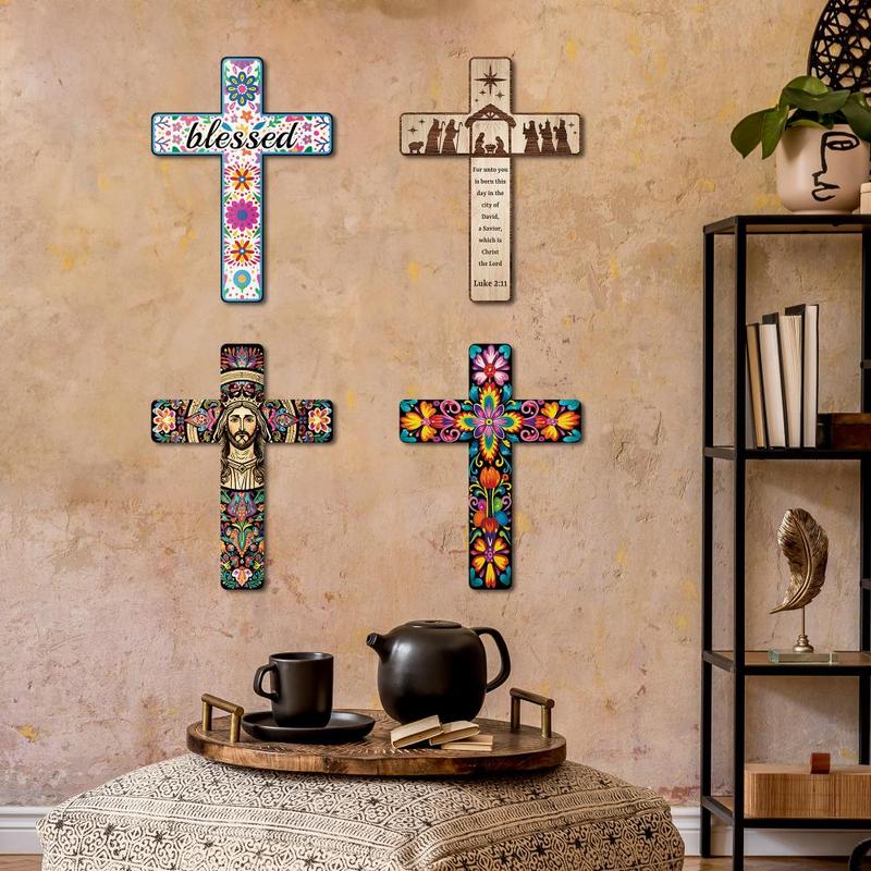 Christmas Wooden Cross Wall Decor, Blessed Letter Pattern Wall Art Decor, Wall Mounted Cross for Home Church Farmhouse, Home Decor