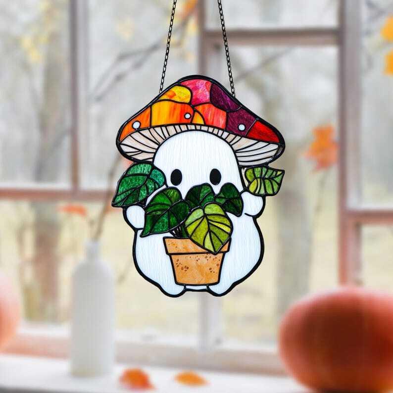 ACRYLIC Cute Ghost Plant Suncatcher, Ghost and Monstera Decor, Mushroom Ghost 2024 Ornament, Plant Lovers Gift, Gift For Mom