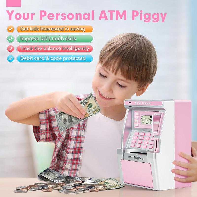 Pink Piggy Bank for Kids, ATM Machine Bank for Real Money with Debit Card, Bill Feeder, Coin Recognition, Balance Calculator, Electronic Savings Safe Box, Cool Stuff Toys Gifts for Teen Girl