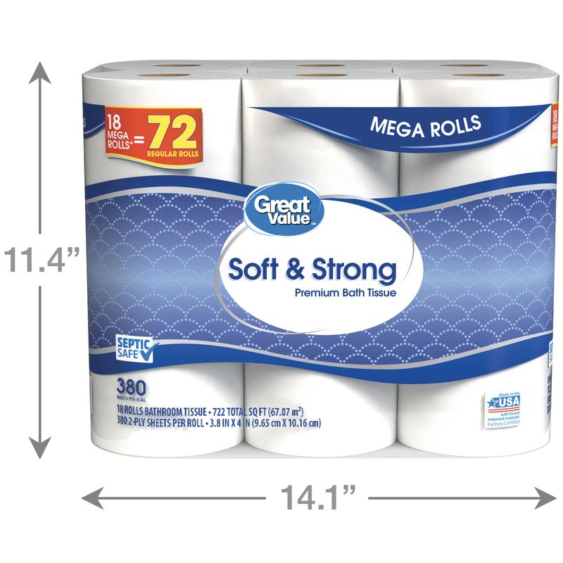 Great Value Soft & Strong Premium Toilet Paper, 18 Mega Rolls