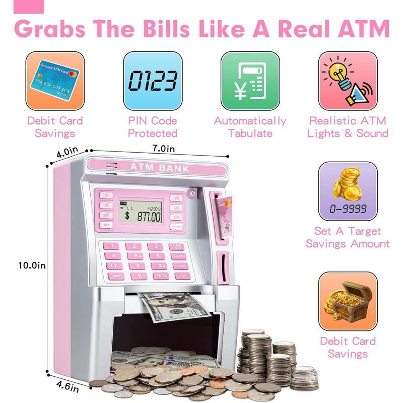 Pink Piggy Bank for Kids, ATM Machine Bank for Real Money with Debit Card, Bill Feeder, Coin Recognition, Balance Calculator, Electronic Savings Safe Box, Cool Stuff Toys Gifts for Teen Girl