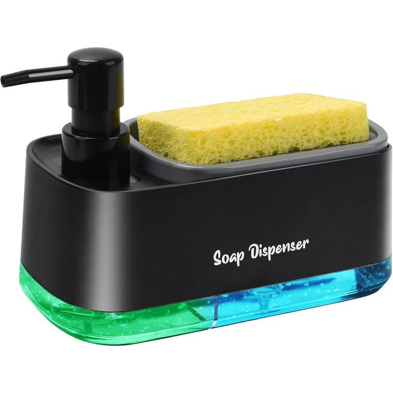 Kitchen Dish Soap Dispenser Set, Dish and Hand Soap Dispenser with Sponge Holder, 3-in-1 Countertop Sponge Dual Soap Pump Dispenser for Kitchen Sink