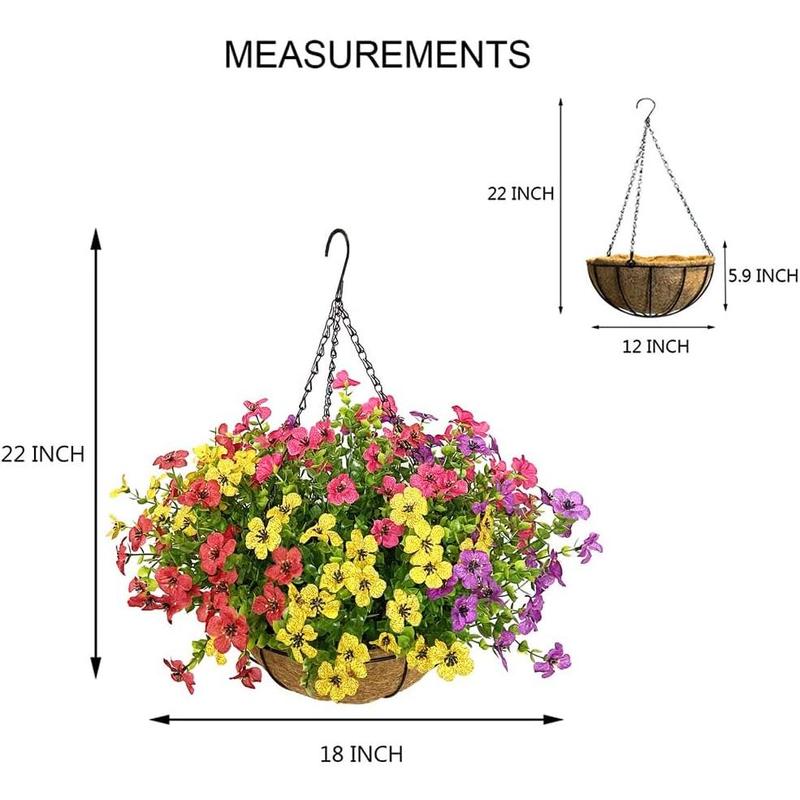 Artificial Flowers in Basket,Artificial Hanging Baskets with Flowers for Outdoor Indoor Courtyard Decor,12 inch Coconut Liner Basket for Patio Garden Porch Deck Decoration