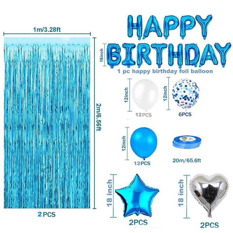 Blue Birthday Party Decorations Set with 38pcs Balloons, Confetti, Foil Balloons, Fringe Curtains for Unisex Blue Themed Events