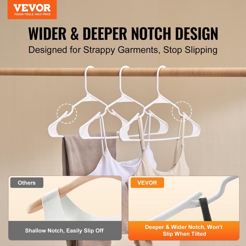 VEVOR Hangers, 0.2 in Ultra-Thin, 50 Pack White Plastic Hangers with Stable Triangular Top Structure & Wider Notch Design , Non-Slip Space Saving Hangers, Fit for T-Shirt, Shirt, Sling & Pant