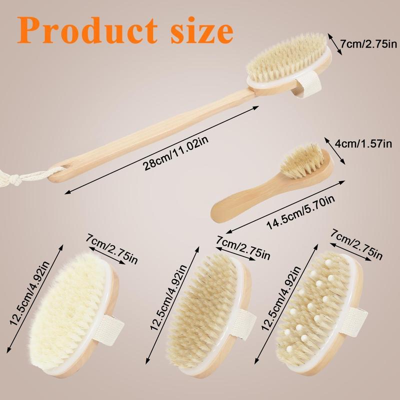 Dry Brushing Body Brush Set Wood Long Handle with 3 Detachable Heads, Face Brush,Body Scrubber Boar Bristle Exfoliator for Lymphatic Drainage and Cellulite,Back Scrubber for Shower