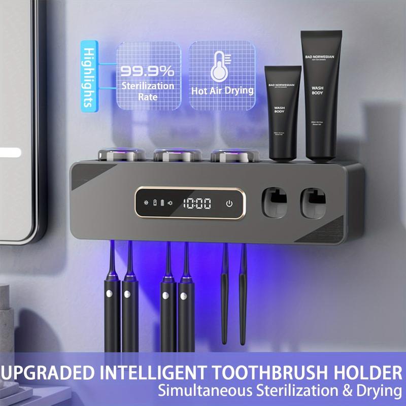 Smart Toothbrush Holder with 3 Cups, Wall-Mounted, 6 Slots, Toothpaste Dispenser, Automatic Drying and Cleaning