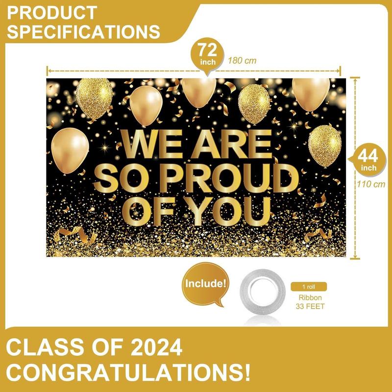 Large Congrats Grad Banner, 72x44 Inch We Are So Proud Of You Banner Congratulations Graduation Backdrop 2024, Black and Gold Graduation Decorations 2024 Graduation Party Decorations Black and Gold