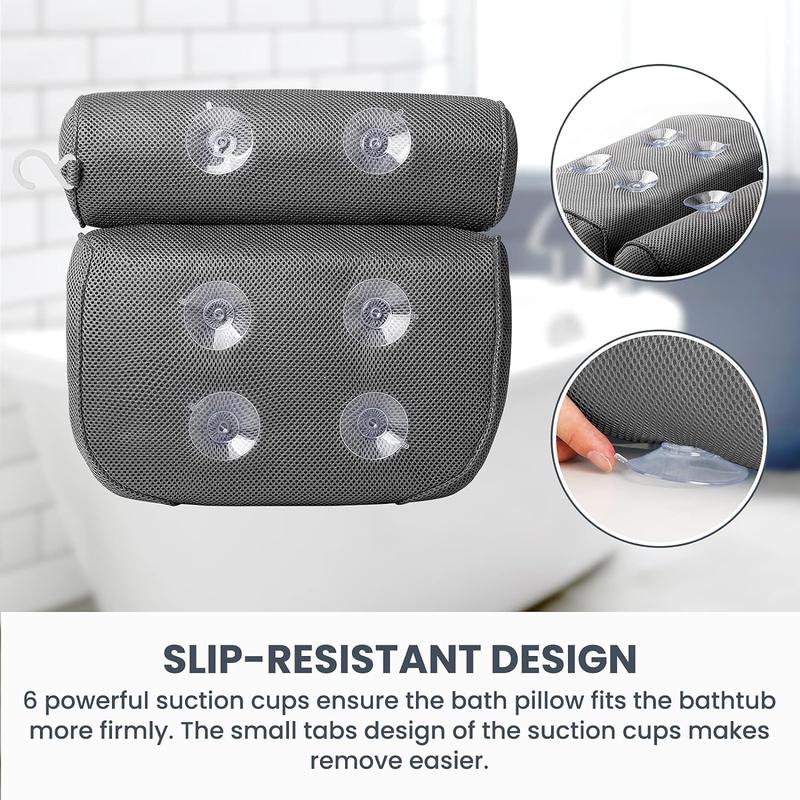 Bath Pillow Bathtub Pillow with 6 Non-Slip Suction Cups,14.6x12.6 Inch, Extra Thick and Soft Air Mesh Pillow for Bath - Fits All Bathtub, Grey