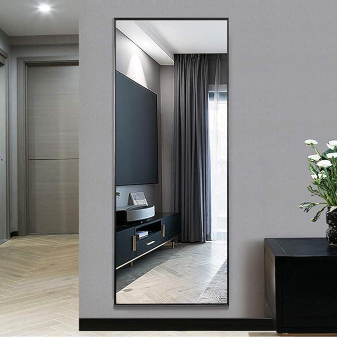 21 in. W x64 in. H Rectangular Full Length Mirror  Home DecorFull Length Mirror Standing Hanging or Leaning Against Wall, Large, Rectangle, Bedroom Wall-Mounted   Floor Dressing Mirror, Aluminum Alloy Thin Frame, Black, 64