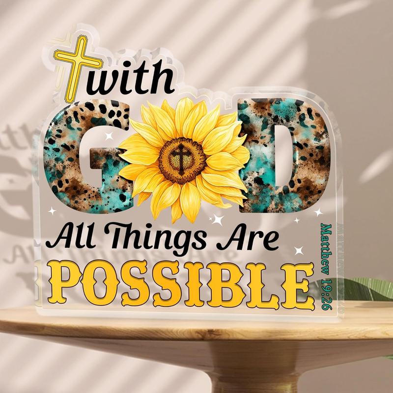 Cross & Sunflower Pattern Acrylic Ornament, Bible Verse Pattern Decorations, Prayer Room Decoration, Desk Decorations, Home Decor, Religious Gift