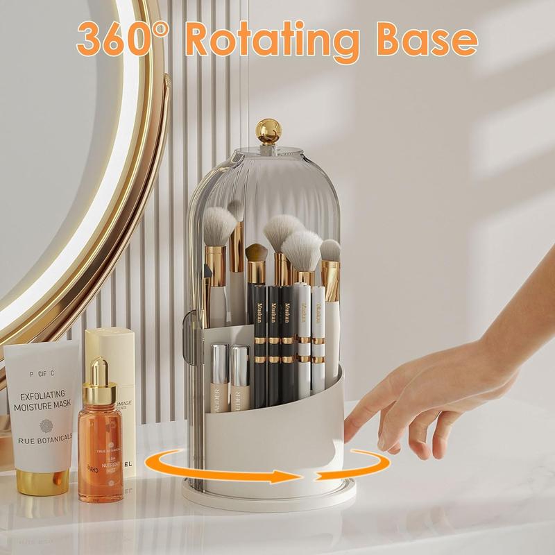 Makeup Brush Holder with Dustproof Cover 360 Rotating Makeup Brush Organizer for Vanity Bathroom