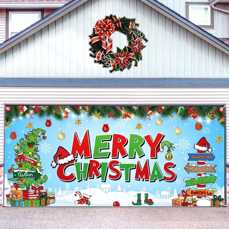 Large 12.6 X 6ft Christmas Garage Door Cover, Christmas garage door mural, Garage Door Christmas Banner for Whoville Christmas Decorations, Merry Christmas Garage Door Banner