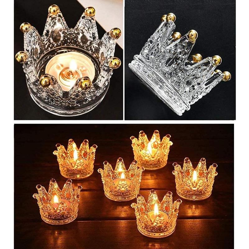 Votive Candle Holders Set of 6 Crown Glass Tealight Candle Holder for Wedding, Party and Home Decor (Gold Tips)