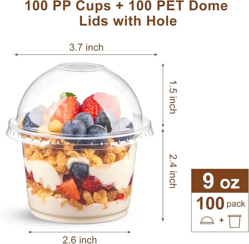 100 Pack 9 OZ Clear Plastic Cups with Dome Lids, Dessert Cups Parfait Cups Party Serving Cups for Yogurt, Fruit, Pudding and Ice Cream