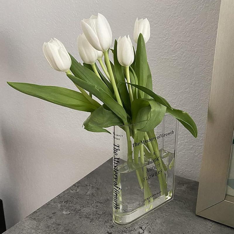 Bookend Vase for Flowers, Cute Bookshelf Decor, Unique Vase for Book Lovers, Artistic and Cultural Flavor Acrylic Vases for Home Office Decor, A Book About Flowers (Clear - B)