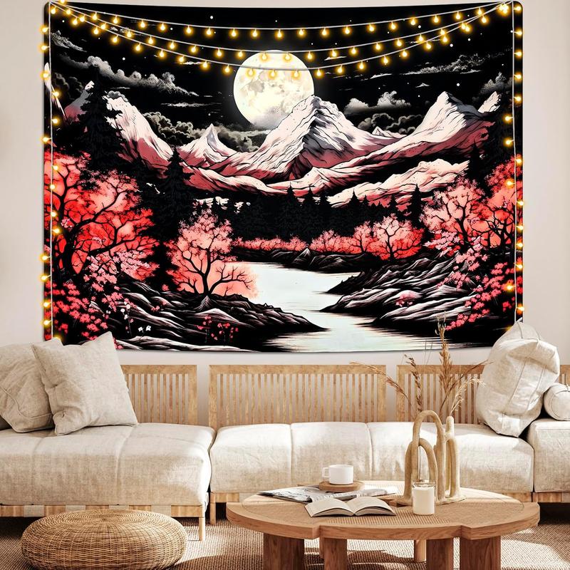 Mountain Forest Tapestry  Anime Tapestries Fantasy Tree Tapestry Nature Landscape Tapestry Aesthetic Moon Stars Tapestry Wall Hanging for Bedroom(51.2 x 59.1 inches)