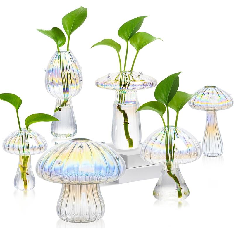 Plant Propagation Station, Set of 6 Colored Mushroom Vase, Propagation Stations, Small Plant Terrarium, Unique Crystal Mushroom Jars for Plants for Hydroponics Home Garden Office Decoration