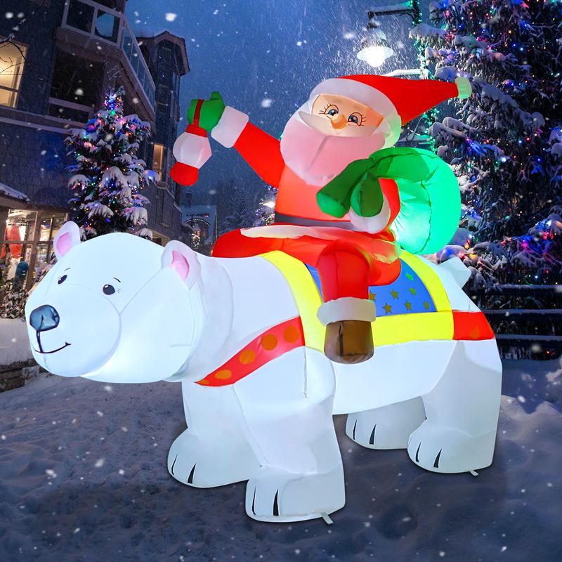 COMIN 7 FT Long Christmas Inflatables Santa Clause Outdoor Decorations Blow Up Yard Polar Bear Shaking Head with Built-in LEDs for Indoor Party Garden Lawn Decor Water Proof Ornaments