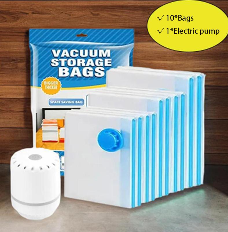 Vacuum Bag with Electric pump, 10pcs Multi Size Vaccum Clothes Storage  Bag & 1 Pump, Compression for Comforters and Blankets, Sealer Clothes Storage, Bedding Room School, Travel Family Organizers Reusable Waterproof Space Saving