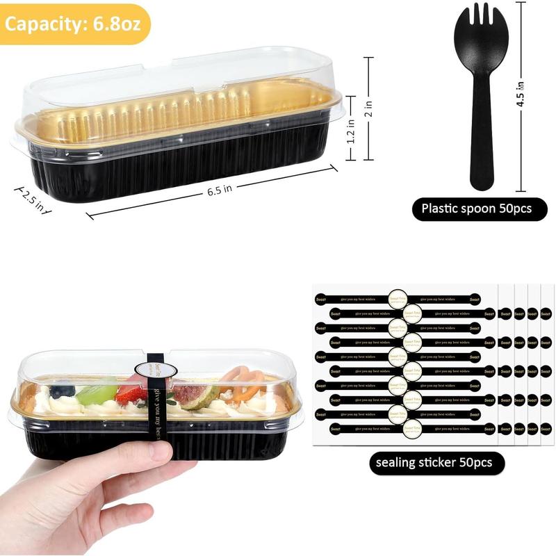 Mini Loaf Pans with Lids and Spoons, 50 Pack, Black, 6.8oz, Disposable Rectangular Aluminum Foil Baking Pans