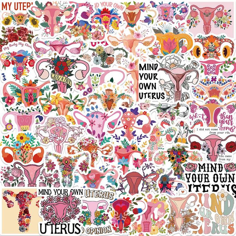 Women's Uterus & Letter Pattern Sticker, 50pcs set Self Adhesive Decorative Sticker, DIY Decal for Water Bottle, Laptop, Phone Case, Scrapbook, Journal Making