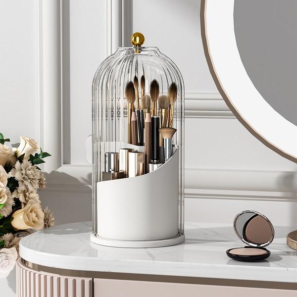 Makeup Brush Holder with Dustproof Cover 360 Rotating Makeup Brush Organizer for Vanity Bathroom