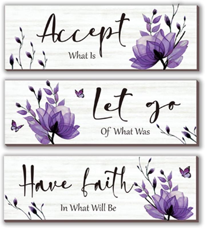 3 Pcs Purple Bathroom Decor Rustic Flower Wall Art Accept Let Go Have Faith Farmhouse Bedroom Wall Decor Wooden Inspirational Quotes Decorations for Living Room Bathroom Bedroom(Purple, 12 x 4 Inches)