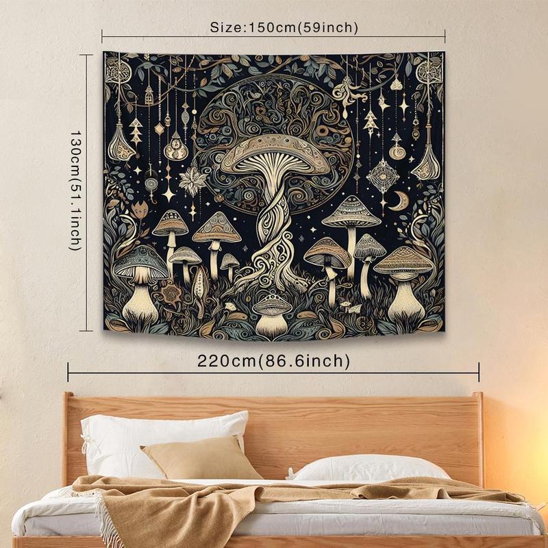 Mushroom Print Tapestry, 1 Count Vintage Wall Hanging Tapestry with Installation Accessories, Wall Art Decor for Home Living Room Bedroom