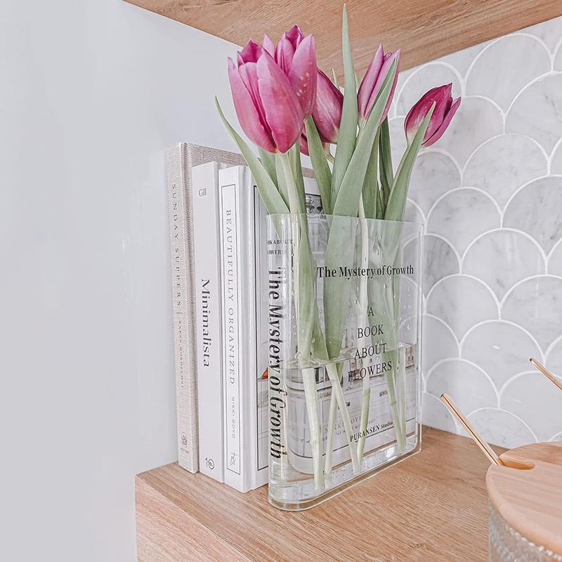 Bookend Vase for Flowers, Cute Bookshelf Decor, Unique Vase for Book Lovers, Artistic and Cultural Flavor Acrylic Vases for Home Office Decor, A Book About Flowers (Clear - B)