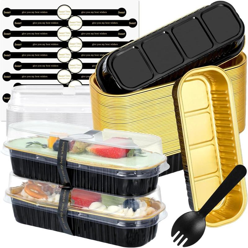 Mini Loaf Pans with Lids and Spoons, 50 Pack, Black, 6.8oz, Disposable Rectangular Aluminum Foil Baking Pans